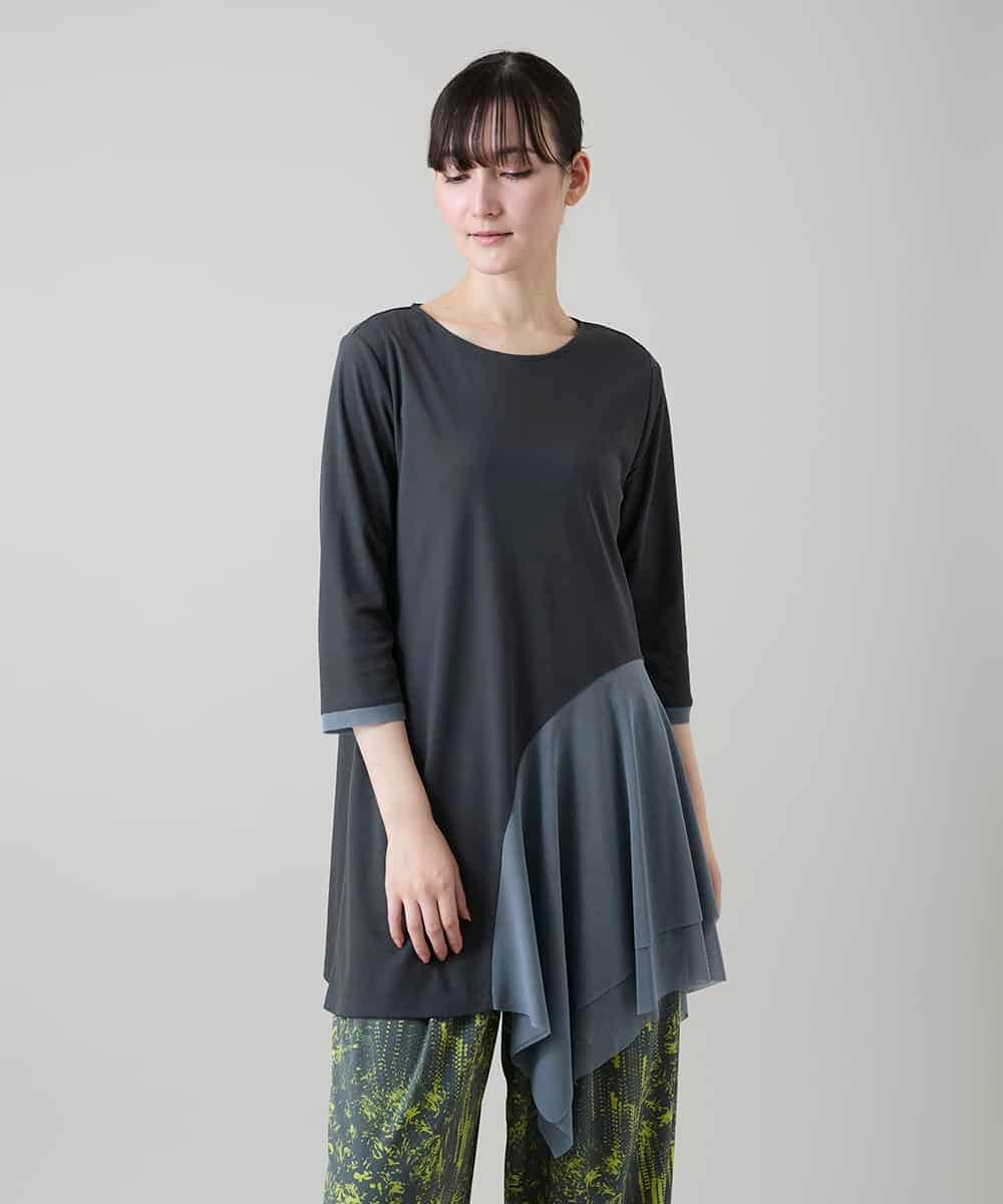 RHKGF11330 HIROKO KOSHINO(ヒロココシノ) アシンメトリーチュールヘムデザインチュニック/日本製/洗える グレー
