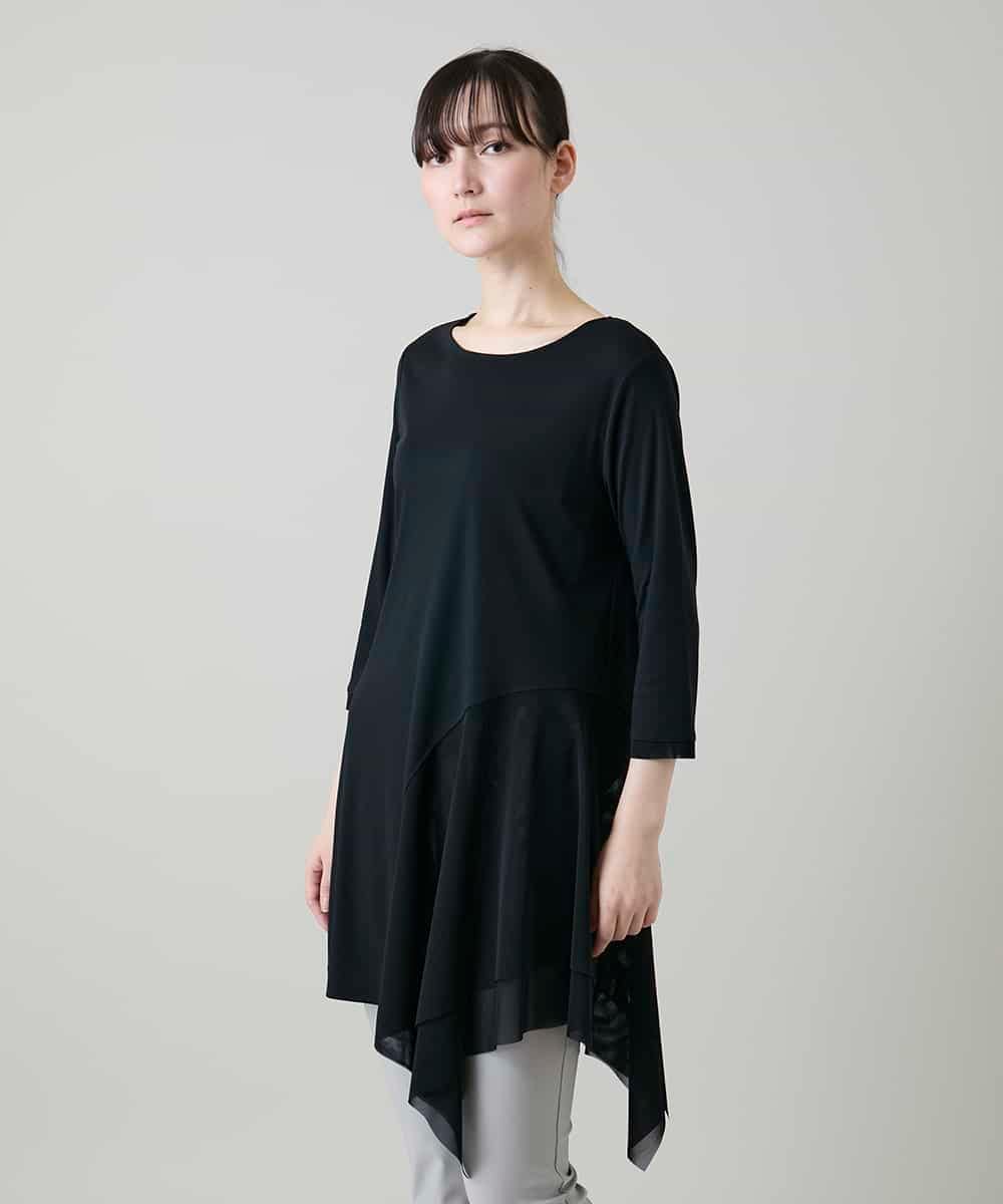 RHKGF11330 HIROKO KOSHINO(ヒロココシノ) アシンメトリーチュールヘムデザインチュニック/日本製/洗える ブラック
