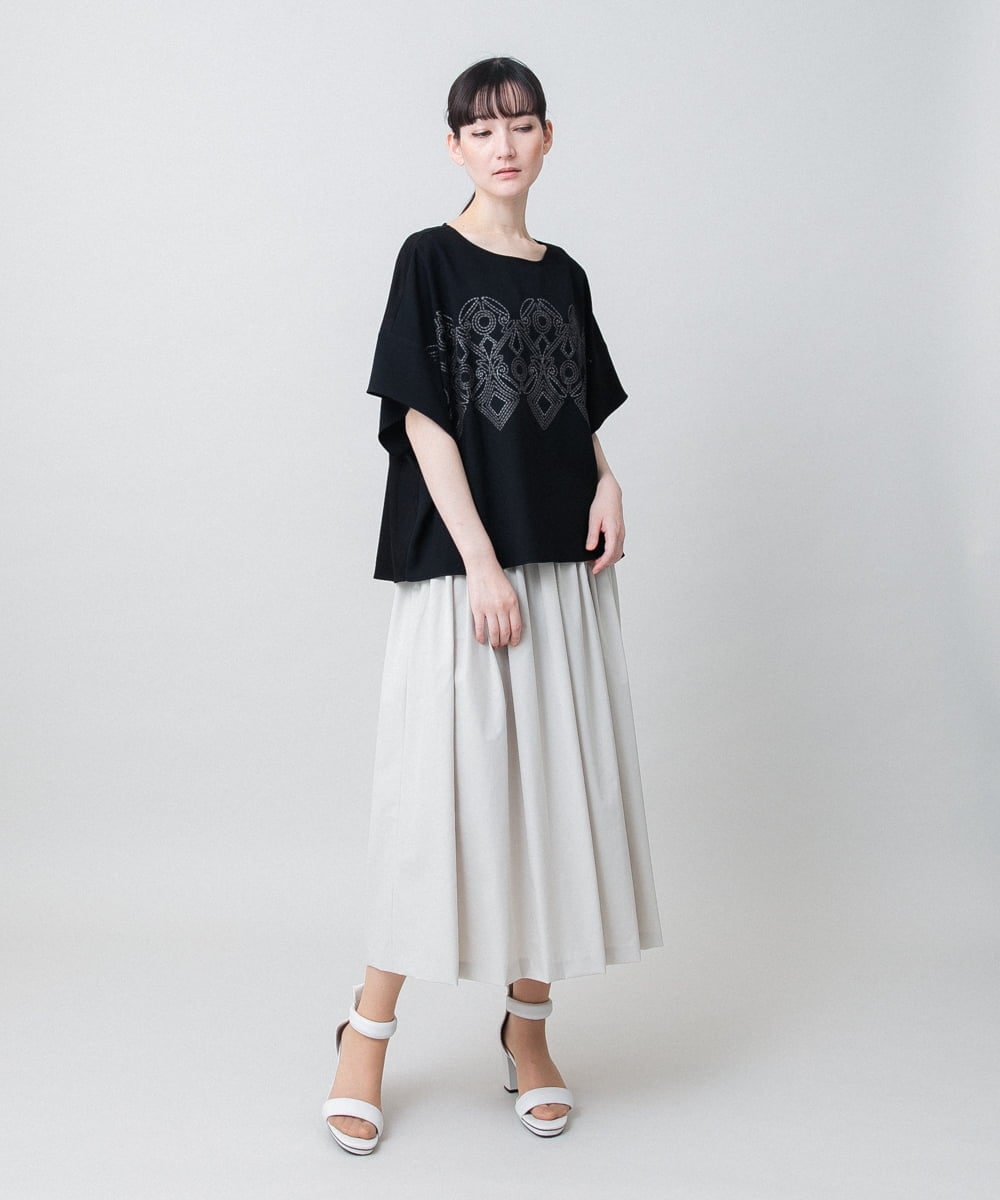 RHKGF13360 HIROKO KOSHINO(ヒロココシノ) 幾何プリント布帛ジョイントカットソー /日本製/洗える ホワイト