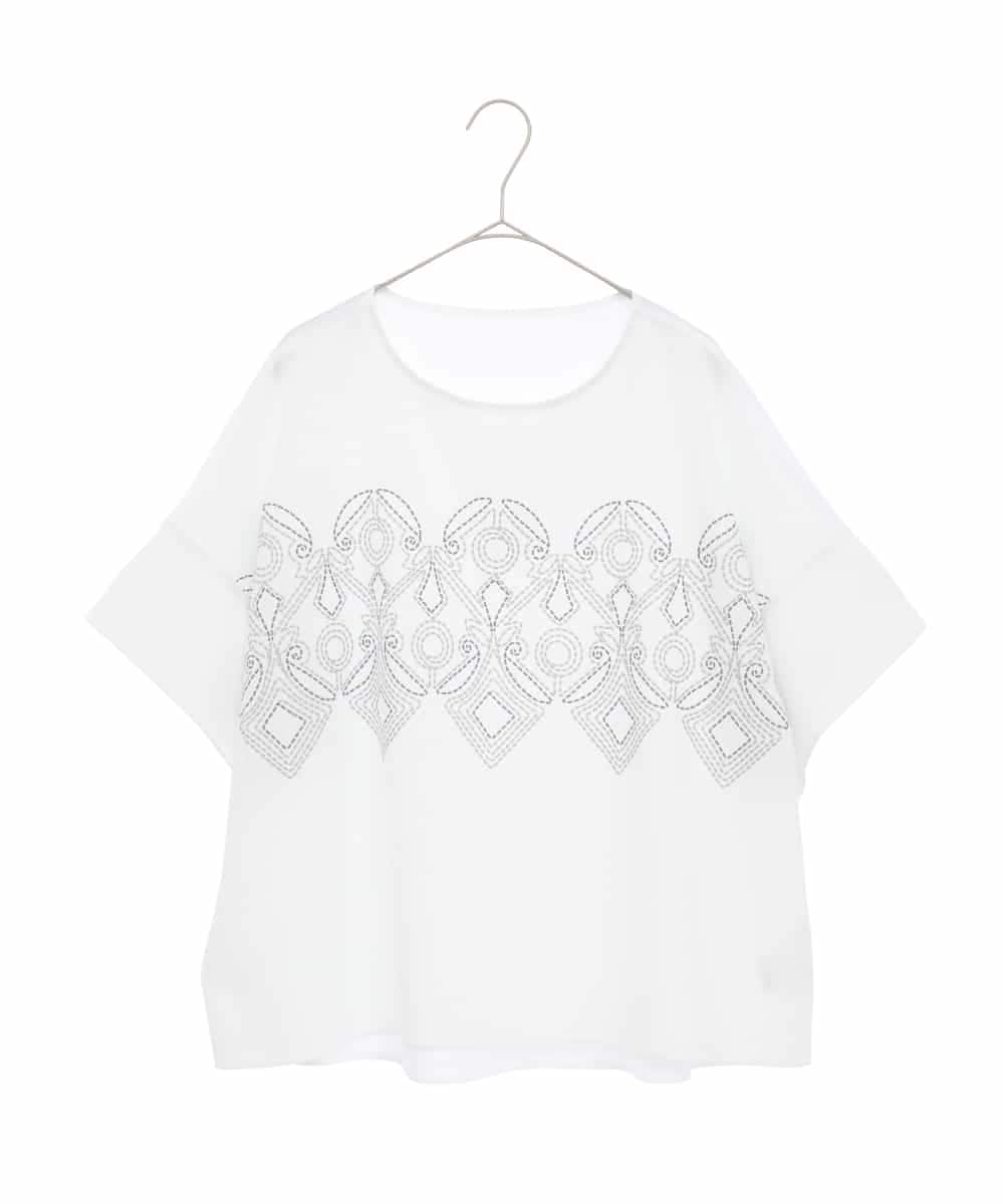 RHKGF13360 HIROKO KOSHINO(ヒロココシノ) 幾何プリント布帛ジョイントカットソー /日本製/洗える ホワイト
