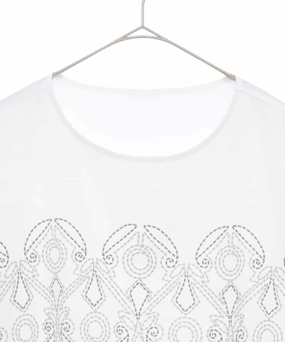 RHKGF13360 HIROKO KOSHINO(ヒロココシノ) 幾何プリント布帛ジョイントカットソー /日本製/洗える ホワイト