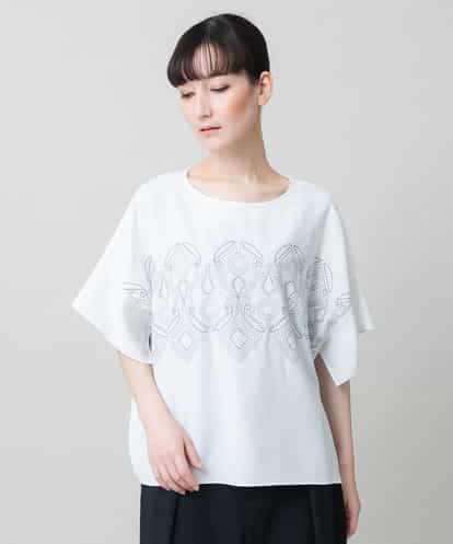 RHKGF13360 HIROKO KOSHINO 幾何プリント布帛ジョイントカットソー /日本製/洗える