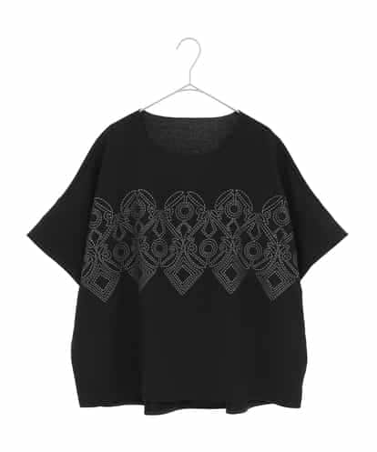 RHKGF13360 HIROKO KOSHINO 幾何プリント布帛ジョイントカットソー /日本製/洗える