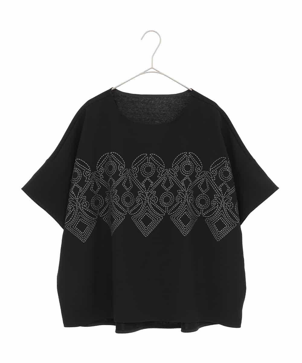 RHKGF13360 HIROKO KOSHINO(ヒロココシノ) 幾何プリント布帛ジョイントカットソー /日本製/洗える ブラック