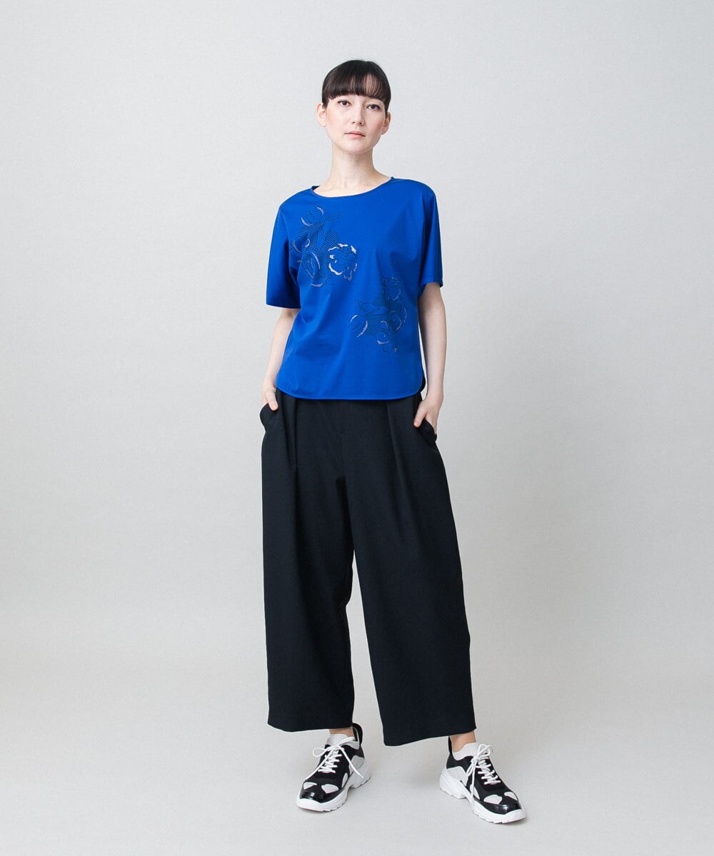 RHKGF33290 HIROKO KOSHINO(ヒロココシノ) フラワーモチーフカットソー/日本製/洗える ブラック