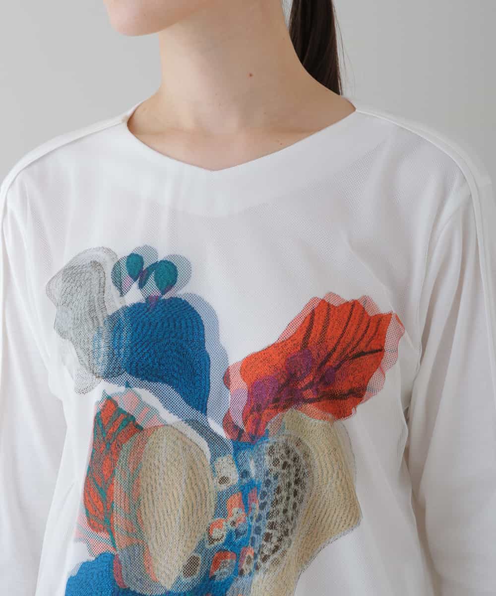 RHKGT21450 HIROKO KOSHINO(ヒロココシノ) 【洗える/日本製】3DアートチュールジョイントTシャツ ホワイト