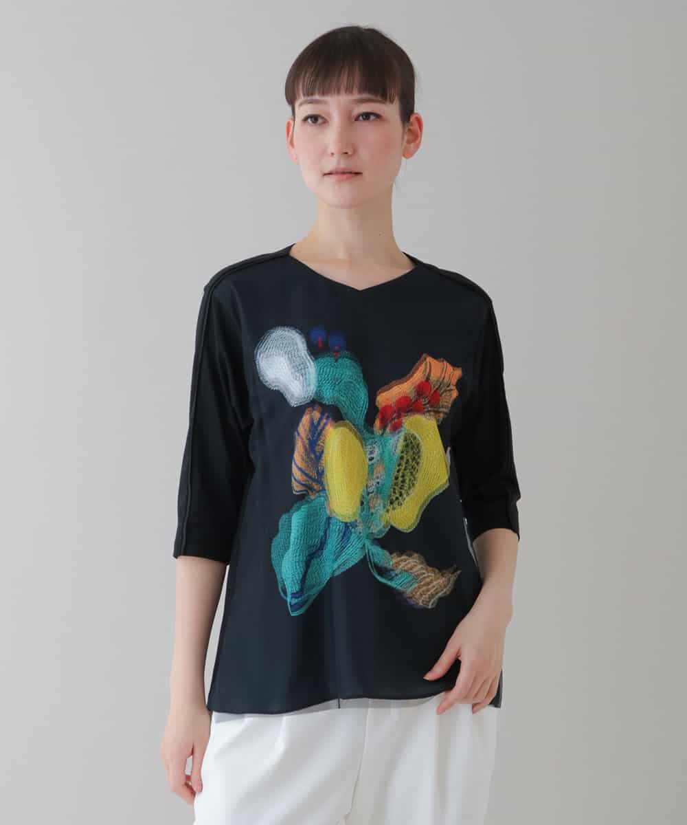 RHKGT21450 HIROKO KOSHINO(ヒロココシノ) 【洗える/日本製】3DアートチュールジョイントTシャツ ブラック