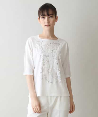 HIROKO KOSHINO(ヒロココシノ) 発泡ラメコットンプリントTシャツ/日本製/洗える ホワイト/白 38