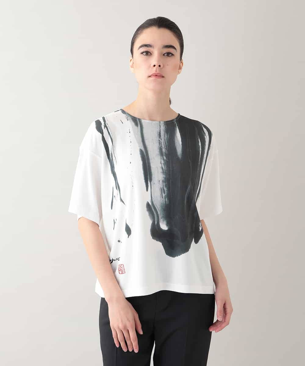 RHKHB06390 HIROKO KOSHINO 墨絵プリントボックスフォルムTシャツ /日本製/洗える