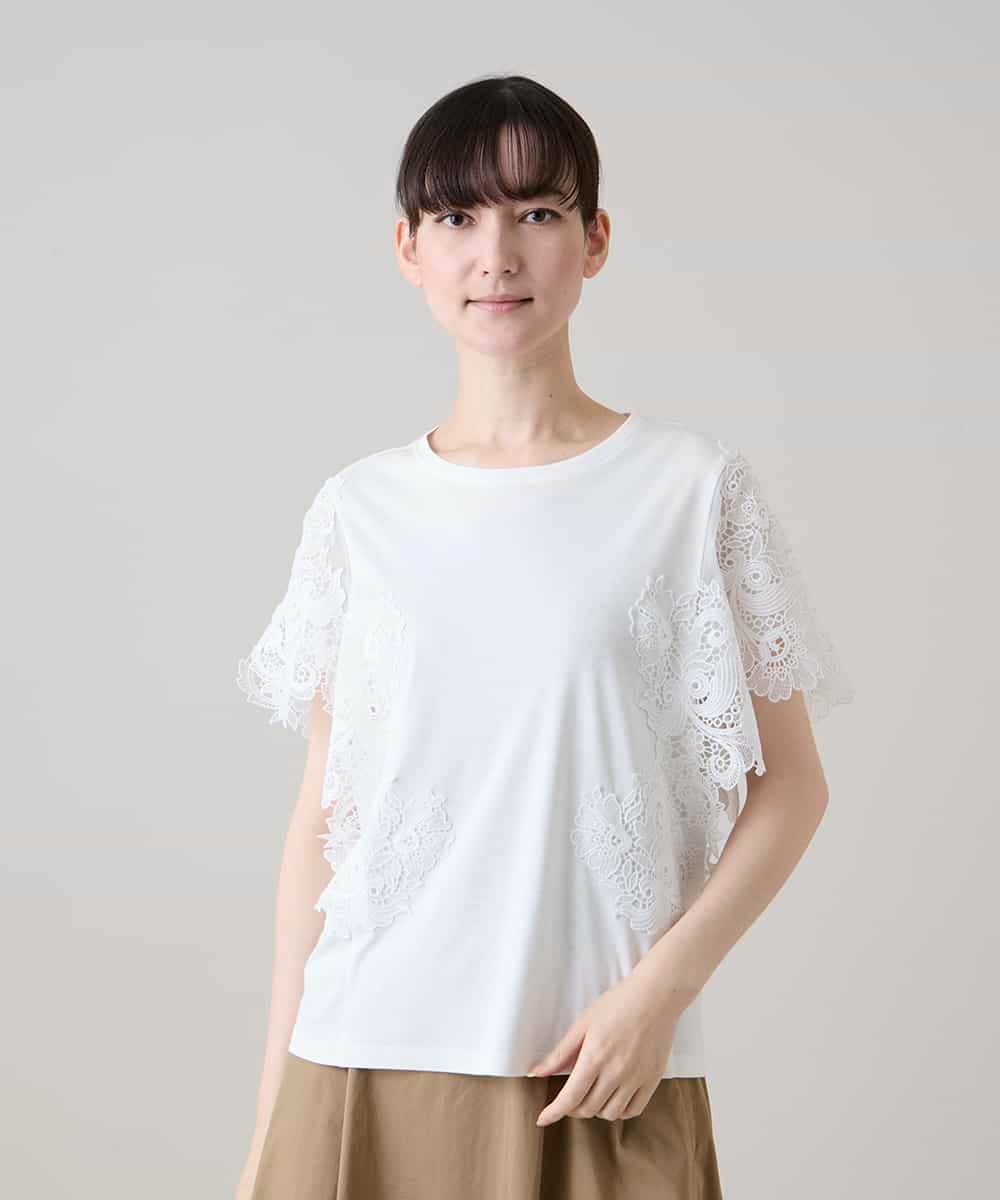RHKHE03450 HIROKO KOSHINO(ヒロココシノ) ケミカルレースジョイントカットソー /洗える アイボリー