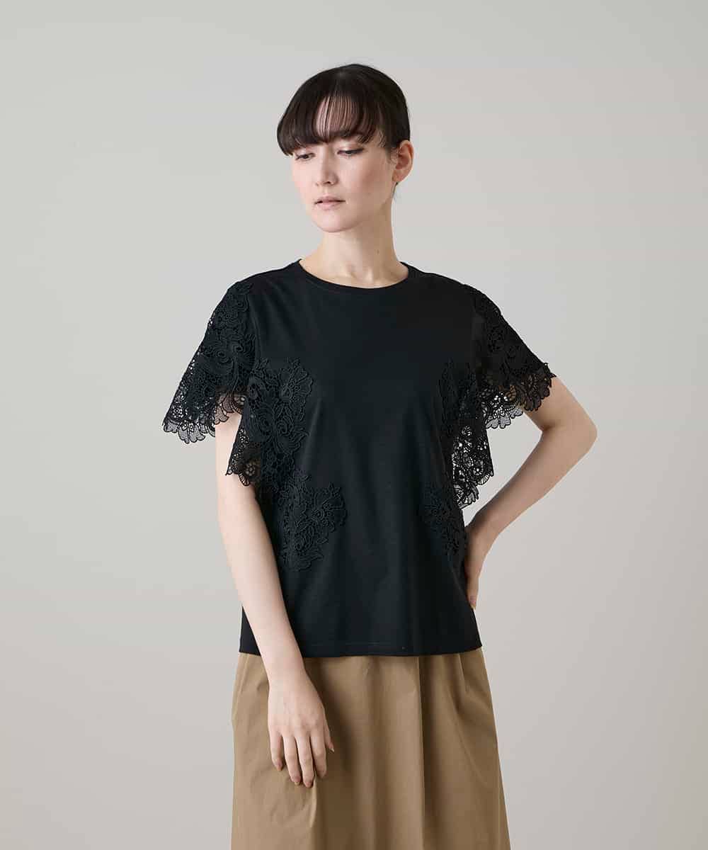 RHKHE03450 HIROKO KOSHINO(ヒロココシノ) ケミカルレースジョイントカットソー /洗える ブラック