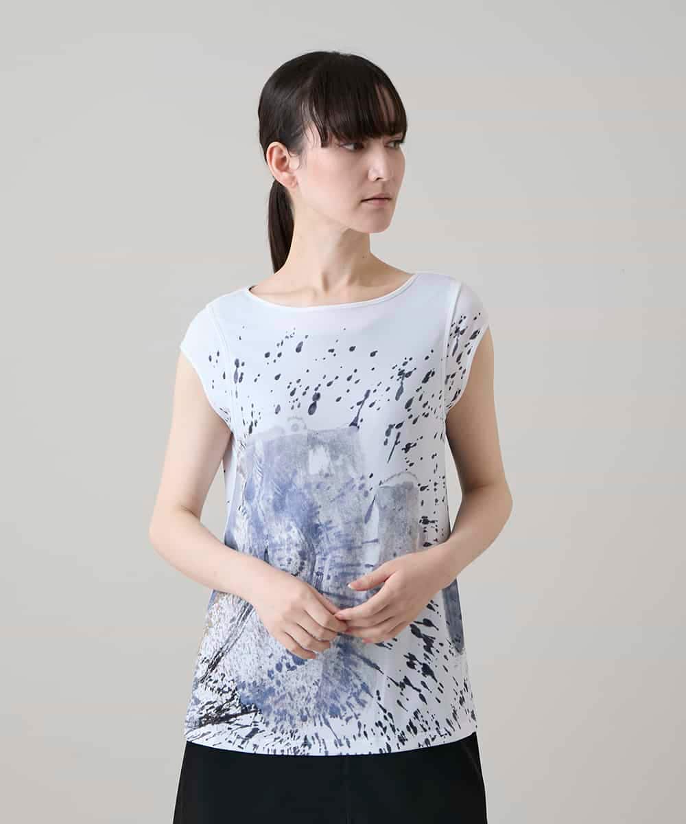RHKHE06360 HIROKO KOSHINO 墨絵プリントスリーブレスカットソー /日本製/洗える