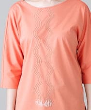RHKHW33390 HIROKO KOSHINO(ヒロココシノ) 波柄ステッチドルマンスリーブTシャツ /日本製/洗える オレンジ