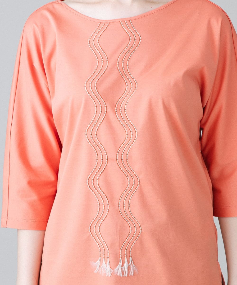 RHKHW33390 HIROKO KOSHINO(ヒロココシノ) 波柄ステッチドルマンスリーブTシャツ /日本製/洗える オレンジ