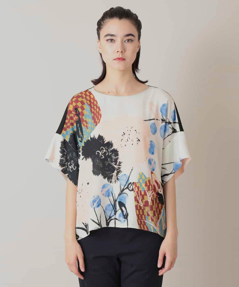 RHKIE13430 HIROKO KOSHINO(ヒロココシノ) 【ブラック：WEB/京王百貨店新宿店限定カラー】スリットスリーブプリントカットソー/日本製/洗える ベージュ