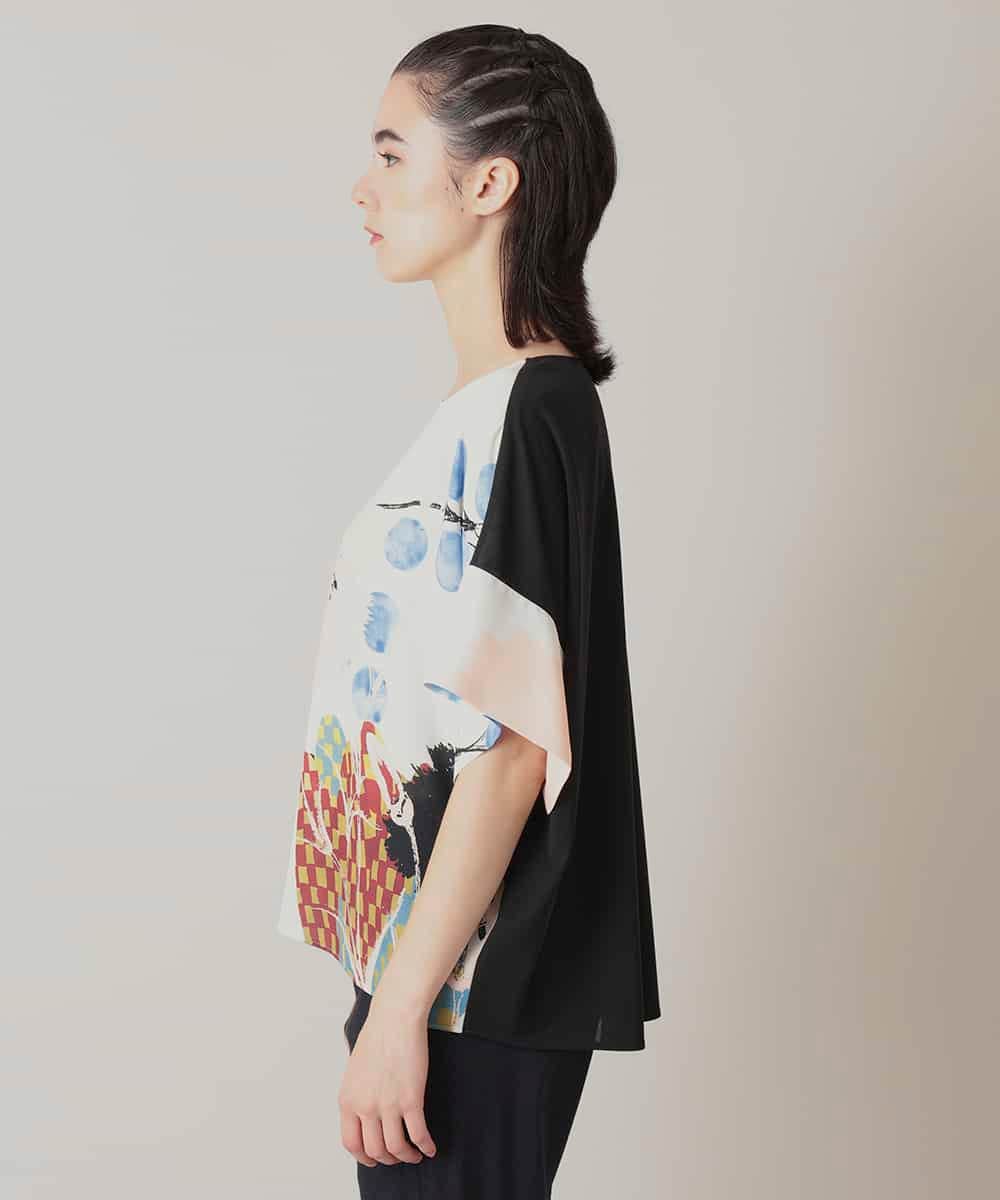 RHKIE13430 HIROKO KOSHINO(ヒロココシノ) 【ブラック：WEB/京王百貨店新宿店限定カラー】スリットスリーブプリントカットソー/日本製/洗える ベージュ
