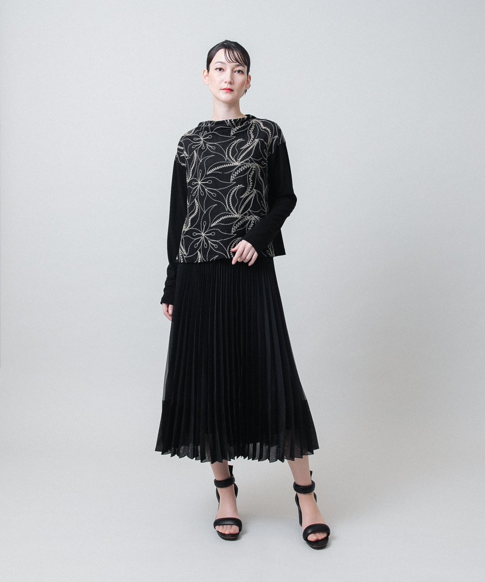 RHKJE25390 HIROKO KOSHINO(ヒロココシノ) アラベスク刺繍デザインチュールカットソー /日本製/洗える ブラック