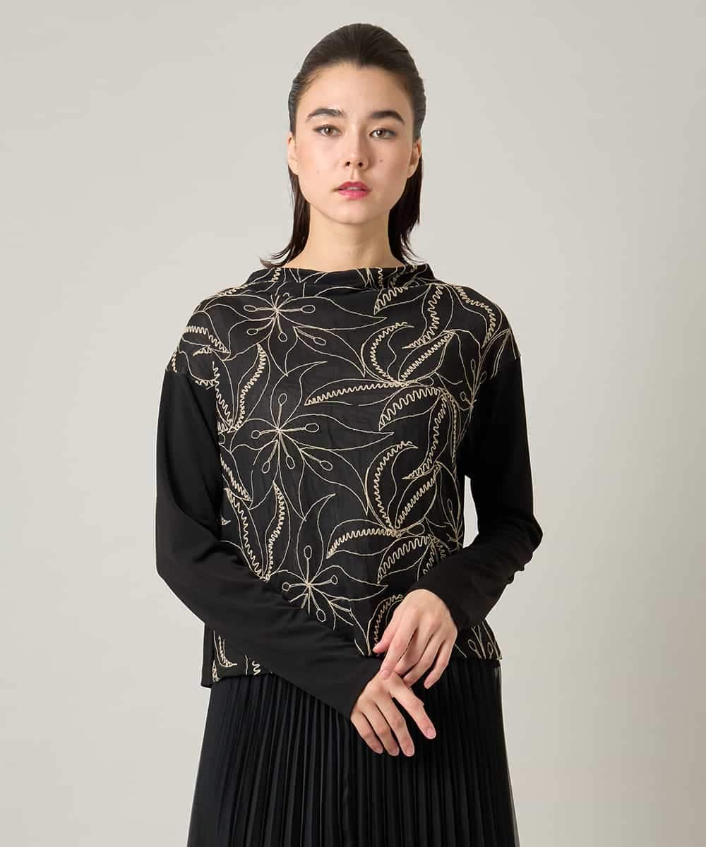 RHKJE25390 HIROKO KOSHINO(ヒロココシノ) アラベスク刺繍デザインチュールカットソー /日本製/洗える ブラック