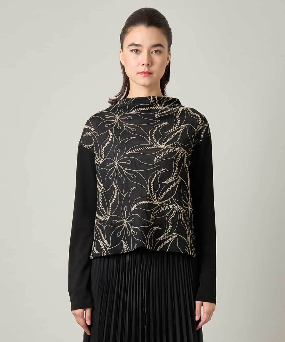 RHKJE25390 HIROKO KOSHINO(ヒロココシノ) アラベスク刺繍デザインチュールカットソー /日本製/洗える ブラック