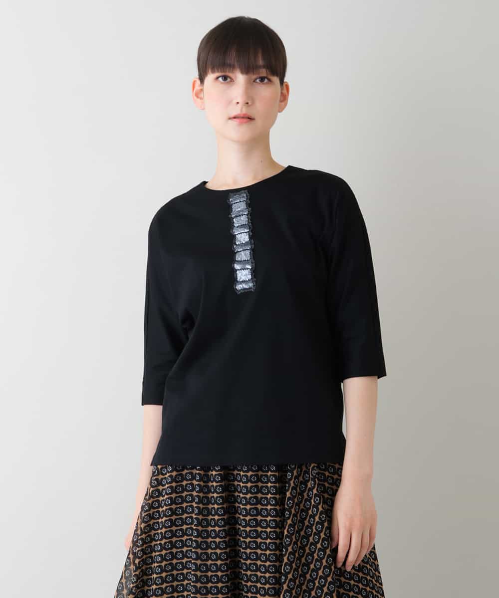 RHKJT03360 HIROKO KOSHINO(ヒロココシノ) 【洗える/日本製】ブレード刺繍デザインTシャツ ブラック