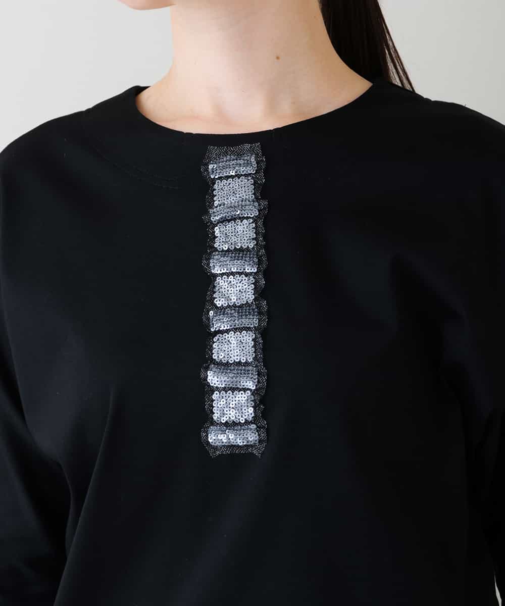RHKJT03360 HIROKO KOSHINO(ヒロココシノ) 【洗える/日本製】ブレード刺繍デザインTシャツ ブラック