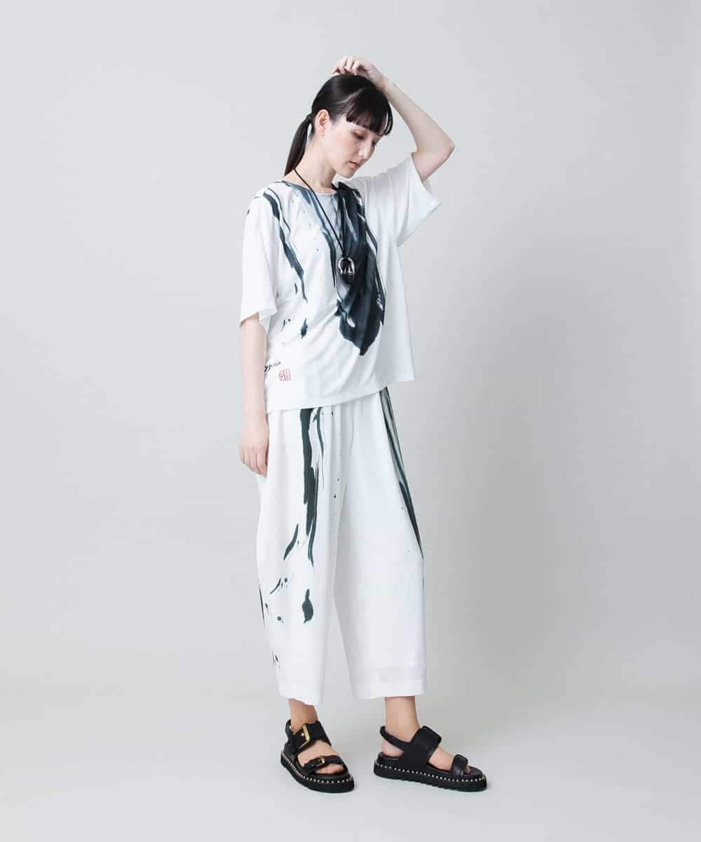RHLAF08690 HIROKO KOSHINO(ヒロココシノ) 墨絵プリントコクーンパンツ /日本製/洗える ホワイト