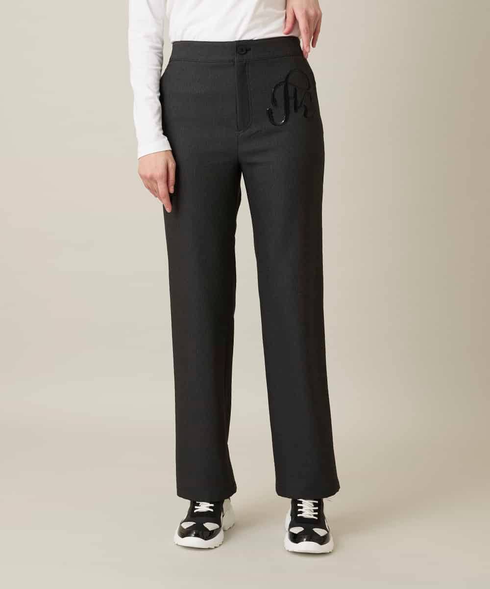 RHLFD03430 HIROKO KOSHINO(ヒロココシノ) スパンコールロゴデニムライクパンツ /日本製/洗える ブラック