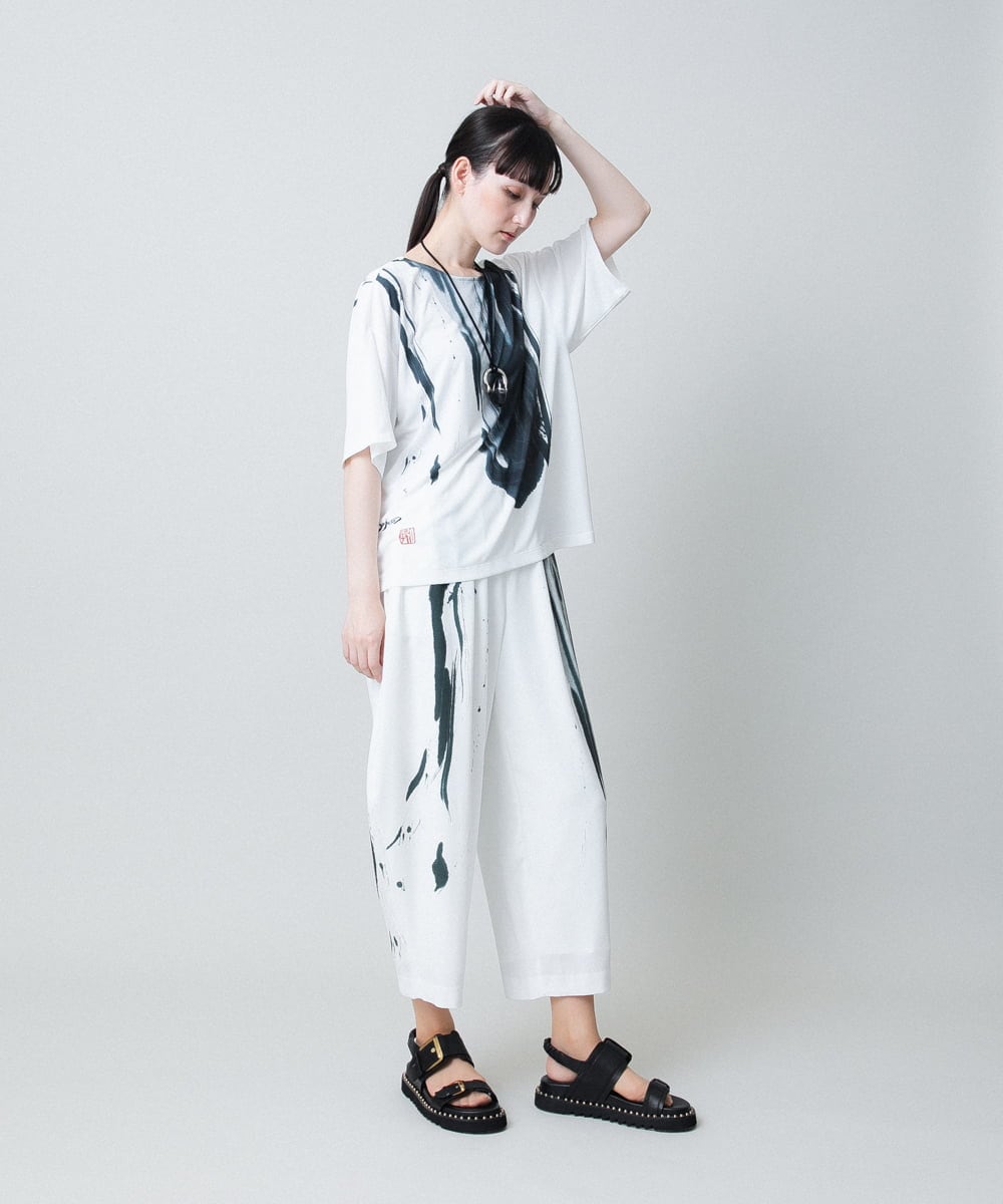 RHLHB08690 HIROKO KOSHINO(ヒロココシノ) 墨絵プリントコクーンパンツ /日本製/洗える ホワイト