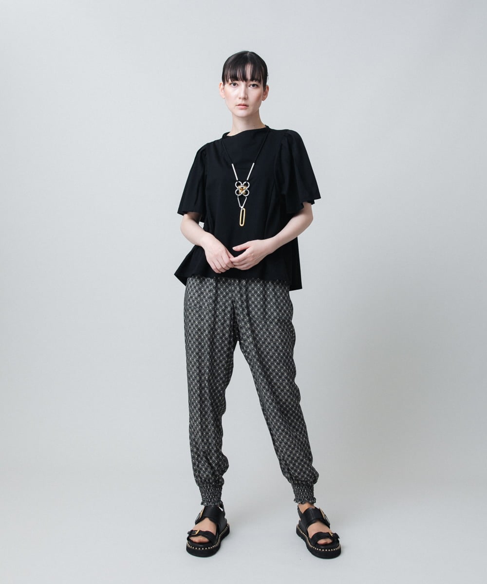 RHLJB22590 HIROKO KOSHINO(ヒロココシノ) 幾何柄シャーリングデザインパンツ/洗える ブラック