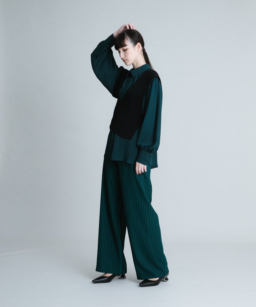 RHLJQ07490 HIROKO KOSHINO(ヒロココシノ) 【洗える/日本製】ストライププリントワイドパンツ グリーン