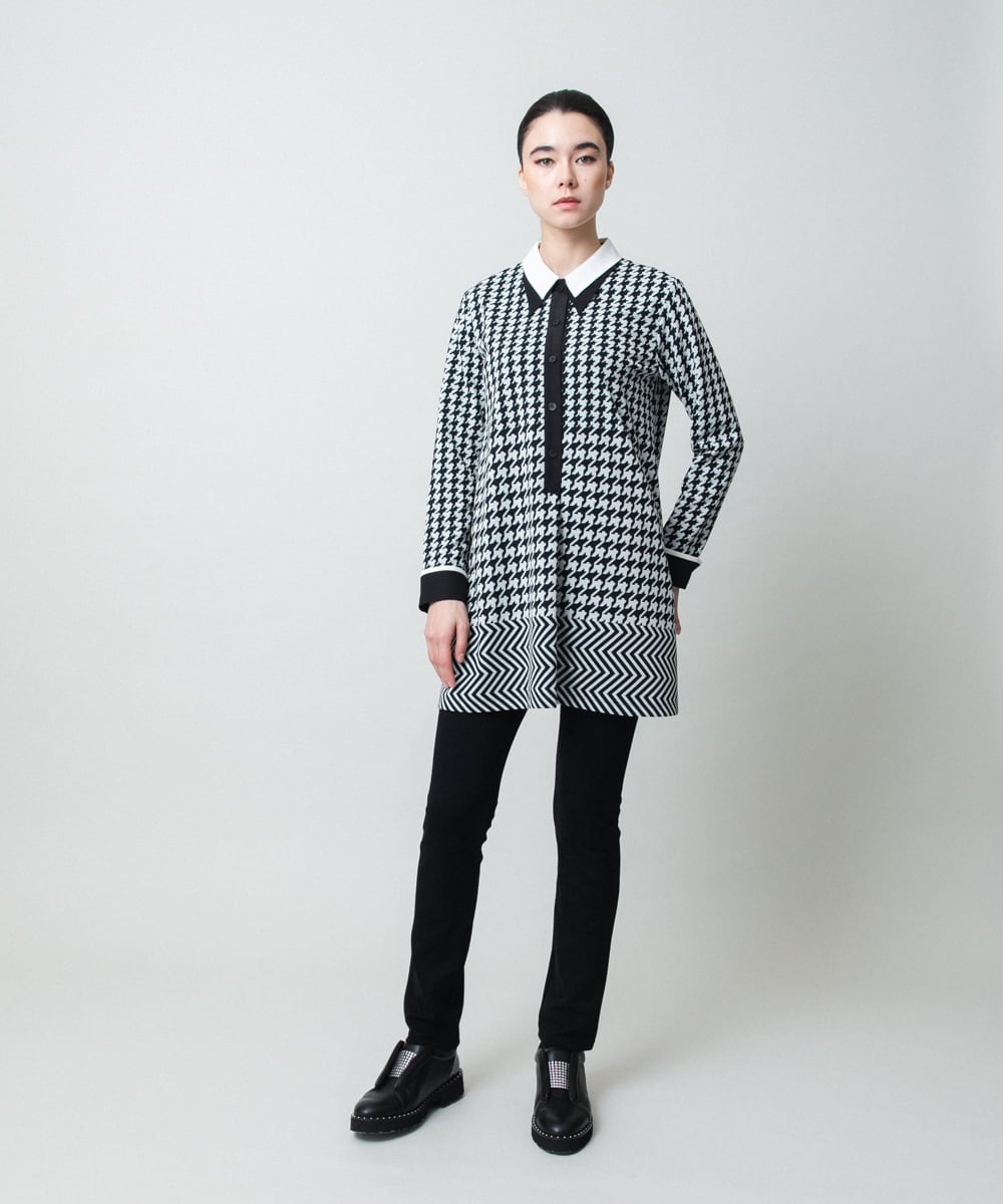 RHPCD30630 HIROKO KOSHINO(ヒロココシノ) 千鳥幾何柄シャツライクチュニック/日本製/洗える ブラック