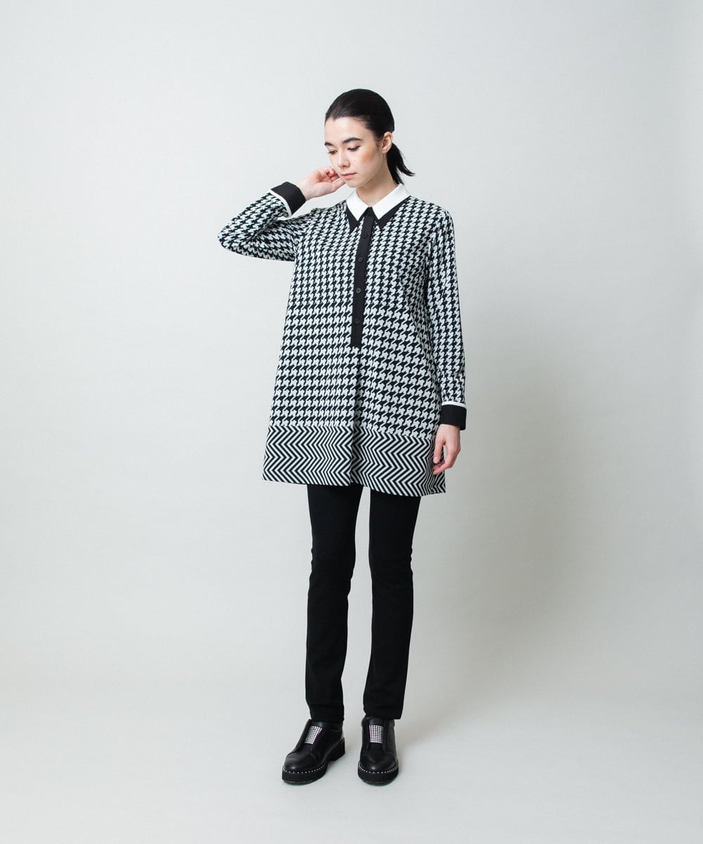 RHPCD30630 HIROKO KOSHINO(ヒロココシノ) 千鳥幾何柄シャツライクチュニック/日本製/洗える ブラック