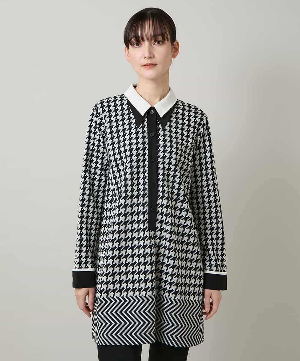 RHPCD30630 HIROKO KOSHINO(ヒロココシノ) 千鳥幾何柄シャツライクチュニック/日本製/洗える ブラック