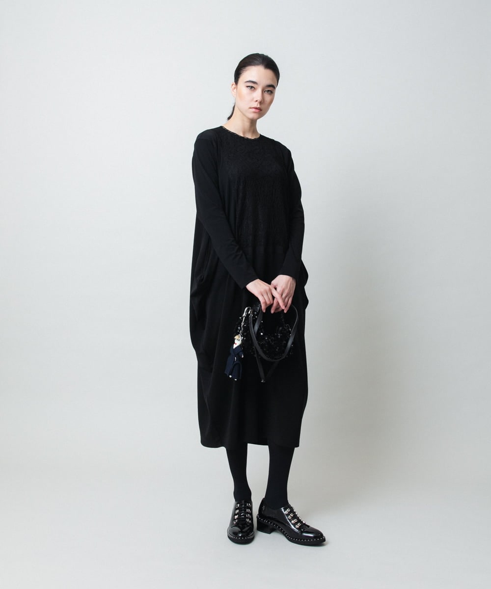 RHPCD33590 HIROKO KOSHINO(ヒロココシノ) フロントレースデザインシルエットワンピース/日本製/洗える ブラック