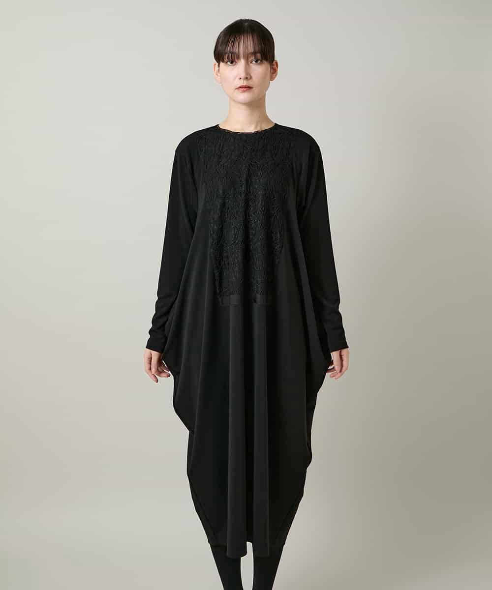 RHPCD33590 HIROKO KOSHINO(ヒロココシノ) フロントレースデザインシルエットワンピース/日本製/洗える ブラック