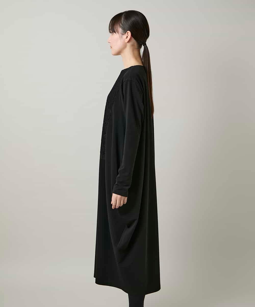 RHPCD33590 HIROKO KOSHINO(ヒロココシノ) フロントレースデザインシルエットワンピース/日本製/洗える ブラック
