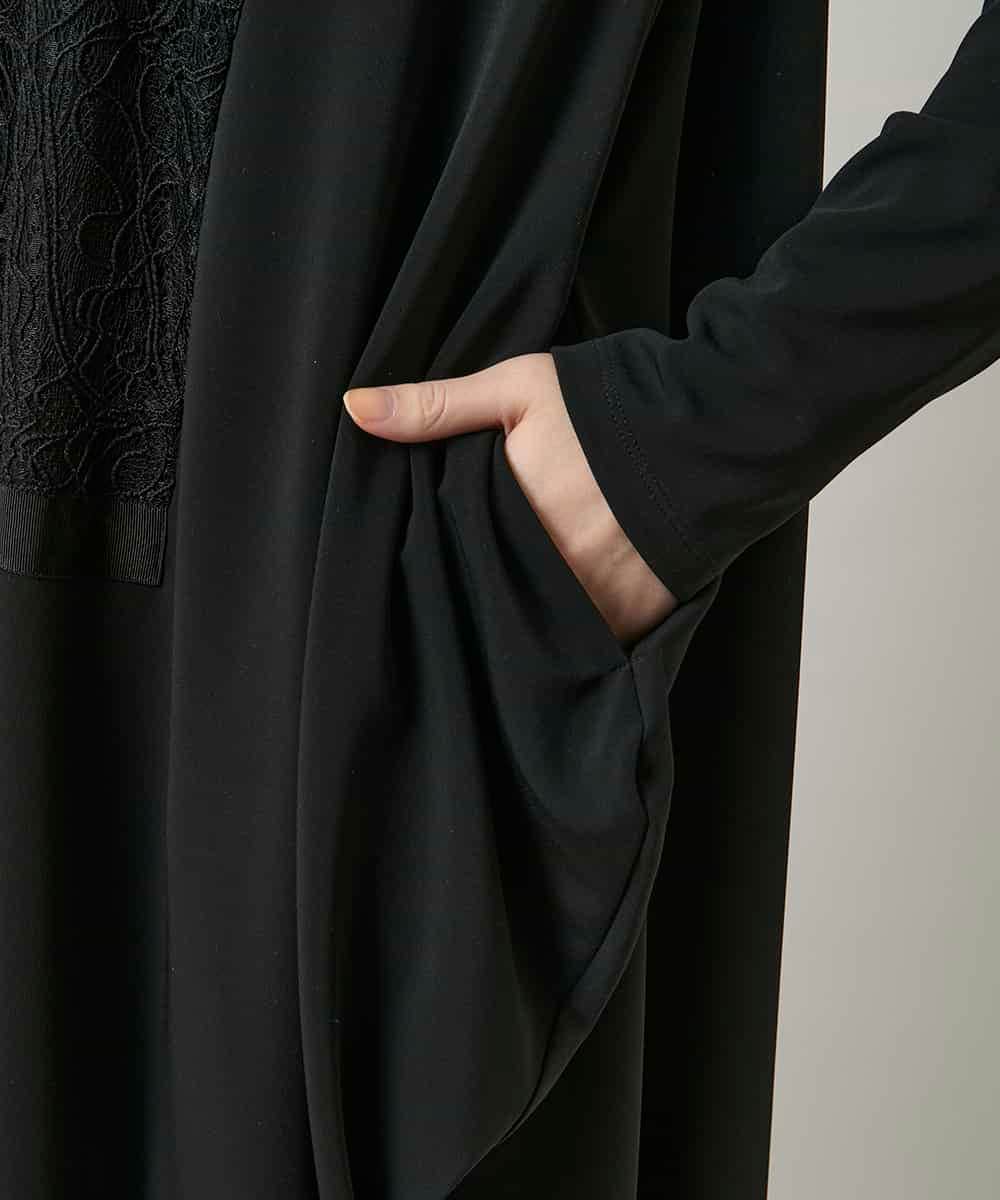 RHPCD33590 HIROKO KOSHINO(ヒロココシノ) フロントレースデザインシルエットワンピース/日本製/洗える ブラック