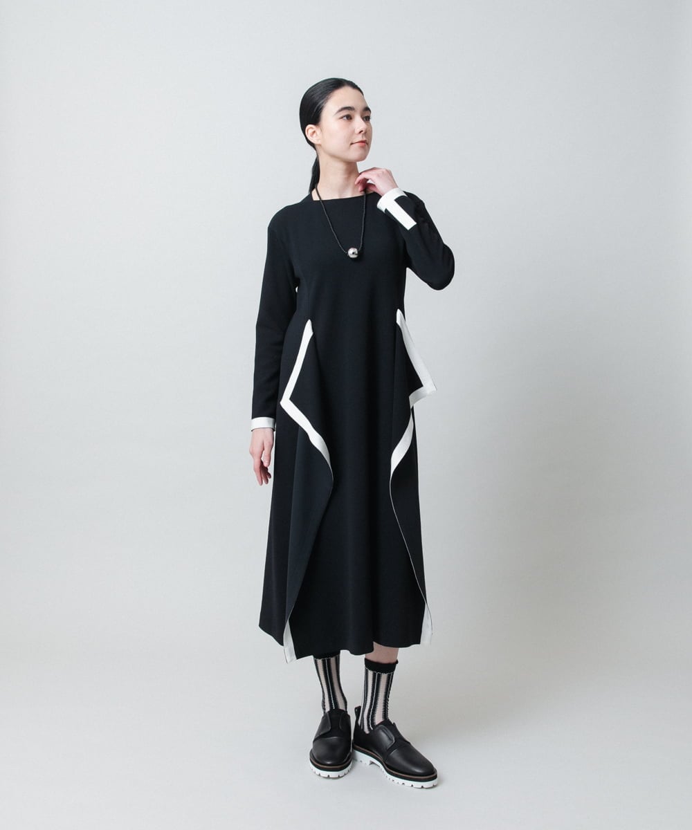 RHPED55660 HIROKO KOSHINO(ヒロココシノ) 配色ライン立体デザインワンピース /日本製/洗える ブラック