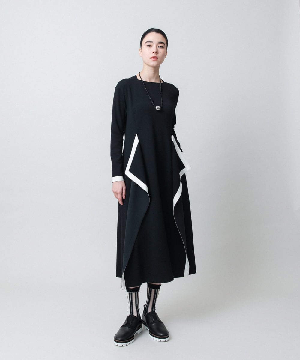 RHPED55660 HIROKO KOSHINO(ヒロココシノ) 配色ライン立体デザインワンピース /日本製/洗える ブラック