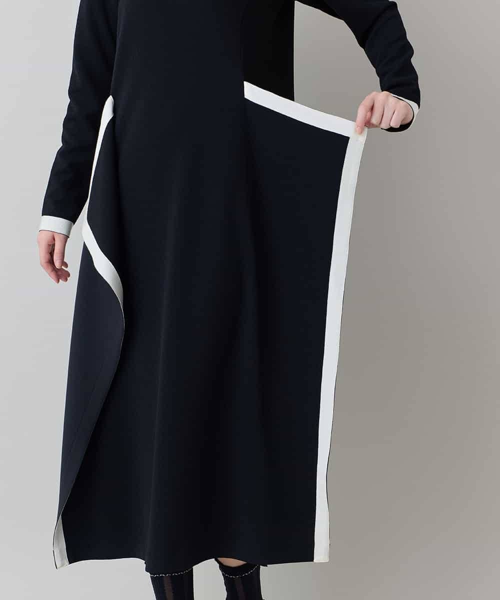 RHPED55660 HIROKO KOSHINO(ヒロココシノ) 配色ライン立体デザインワンピース /日本製/洗える ブラック