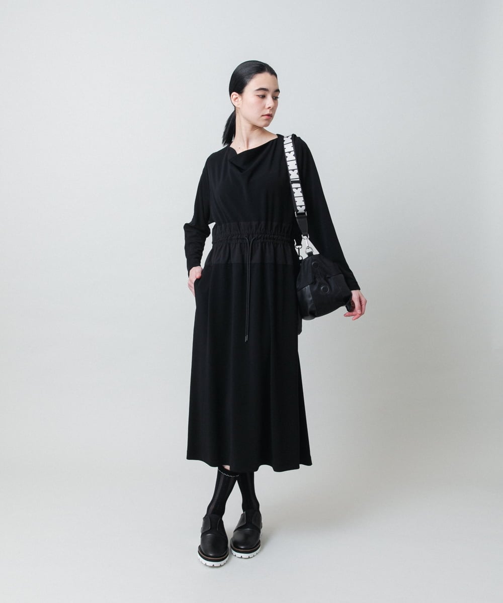 RHPED58590 HIROKO KOSHINO(ヒロココシノ) ドレープネック異素材ジャージーワンピース /日本製/洗える ブラック