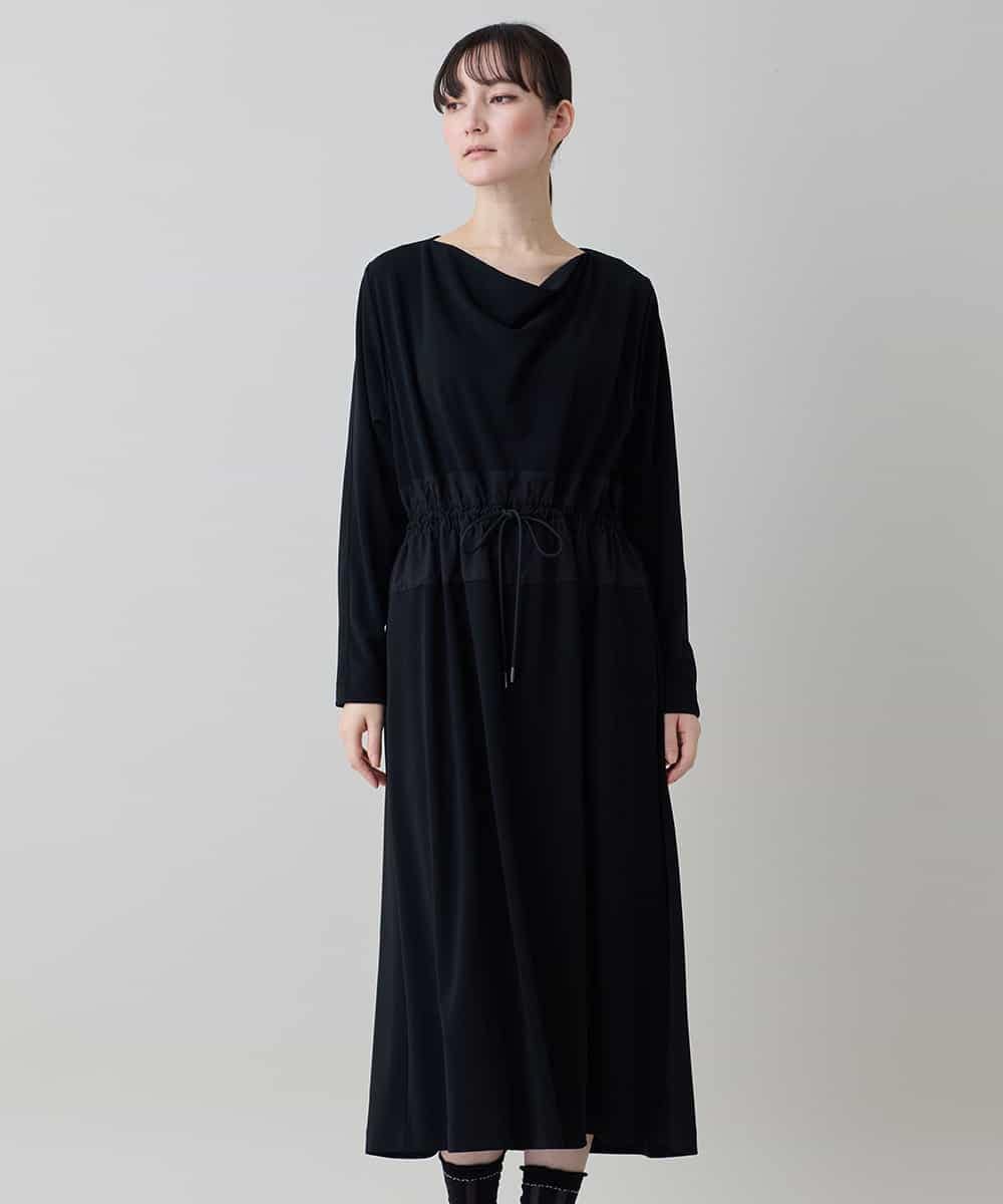 RHPED58590 HIROKO KOSHINO(ヒロココシノ) ドレープネック異素材ジャージーワンピース /日本製/洗える ブラック