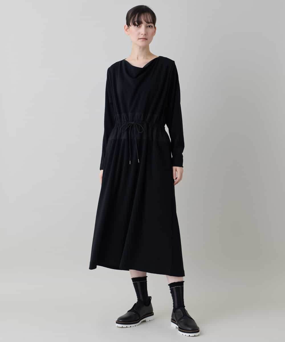 RHPED58590 HIROKO KOSHINO(ヒロココシノ) ドレープネック異素材ジャージーワンピース /日本製/洗える ブラック