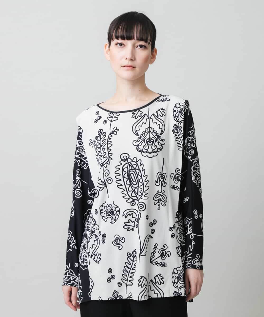 RHPFD03520 HIROKO KOSHINO(ヒロココシノ) 【先行予約】ボタニカルプリントチュニック丈ブラウス /日本製/洗える ブラック