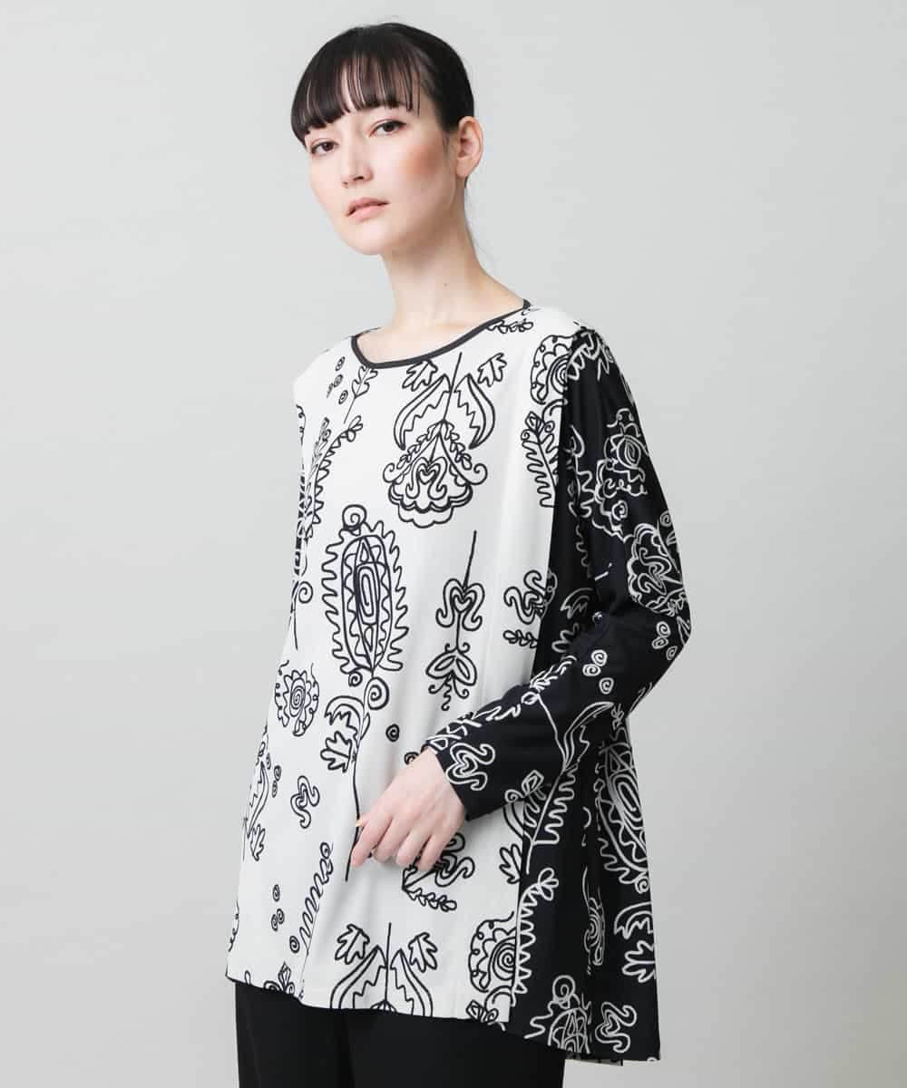 RHPFD03520 HIROKO KOSHINO(ヒロココシノ) 【先行予約】ボタニカルプリントチュニック丈ブラウス /日本製/洗える ブラック