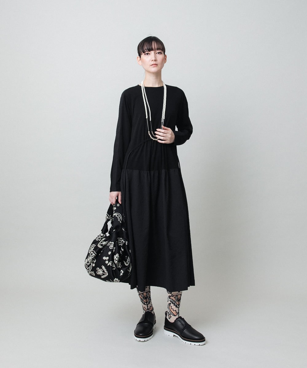 RHPFD05690 HIROKO KOSHINO(ヒロココシノ) 異素材コンビネーションワンピース /日本製/洗える ブラック