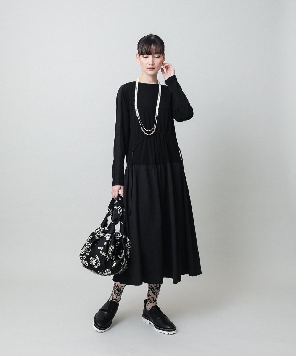 RHPFD05690 HIROKO KOSHINO(ヒロココシノ) 異素材コンビネーションワンピース /日本製/洗える ブラック