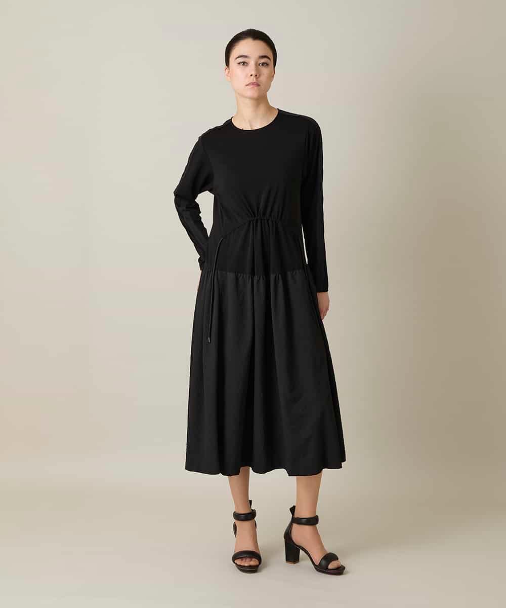 RHPFD05690 HIROKO KOSHINO(ヒロココシノ) 異素材コンビネーションワンピース /日本製/洗える ブラック