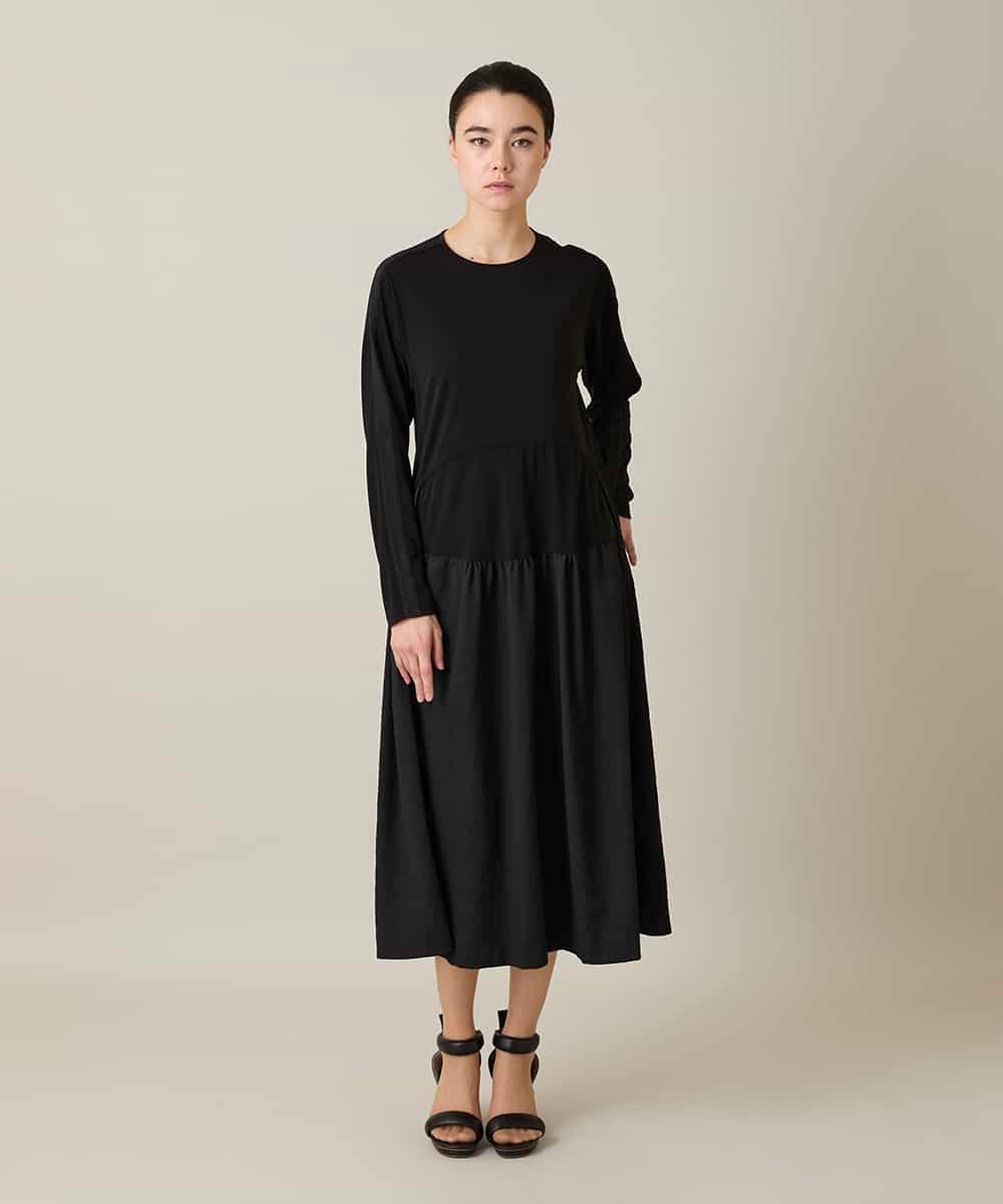 RHPFD05690 HIROKO KOSHINO(ヒロココシノ) 異素材コンビネーションワンピース /日本製/洗える ブラック