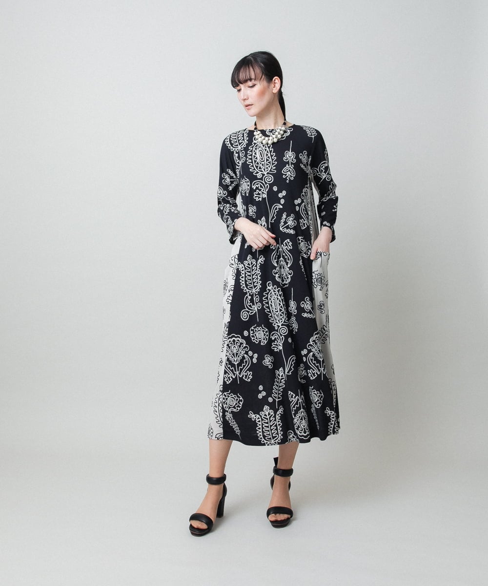 RHPFF04690 HIROKO KOSHINO(ヒロココシノ) ボタニカルプリントサイドポケットワンピース /日本製/洗える ブラック